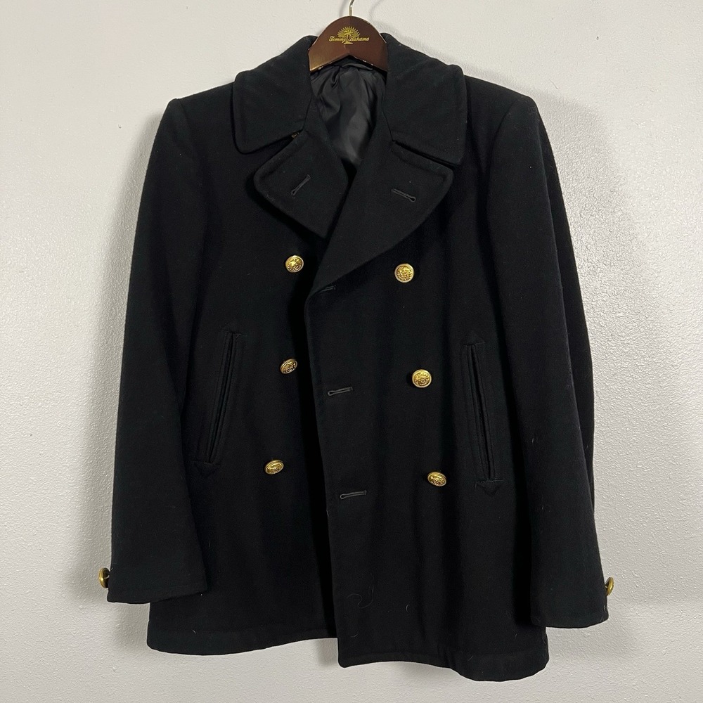 Mens Black Double Breasted Wool‎ Peacoat Military Style Gold Buttons 34S